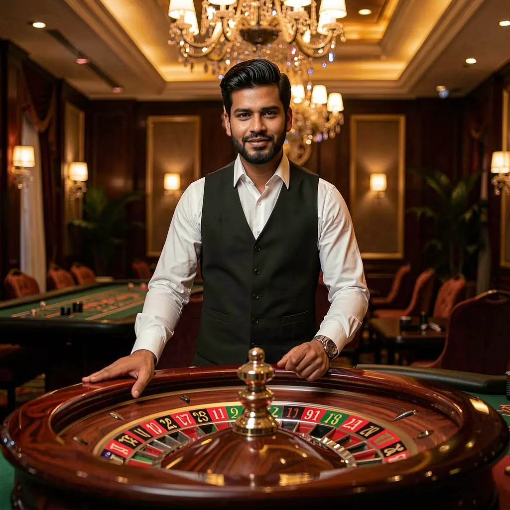 Confident casino dealer standing at a glowing roulette table in a luxury casino atmosphere representing the premium gaming experience at TAKA9999 for players in Bangladesh
